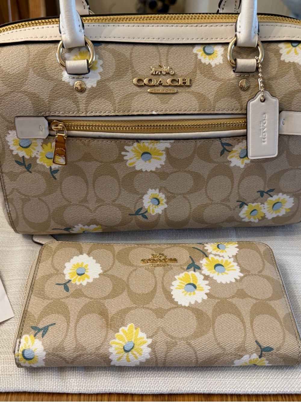 Coach Beige Floral Daisy Tote and Wallet with Gold Hardware
